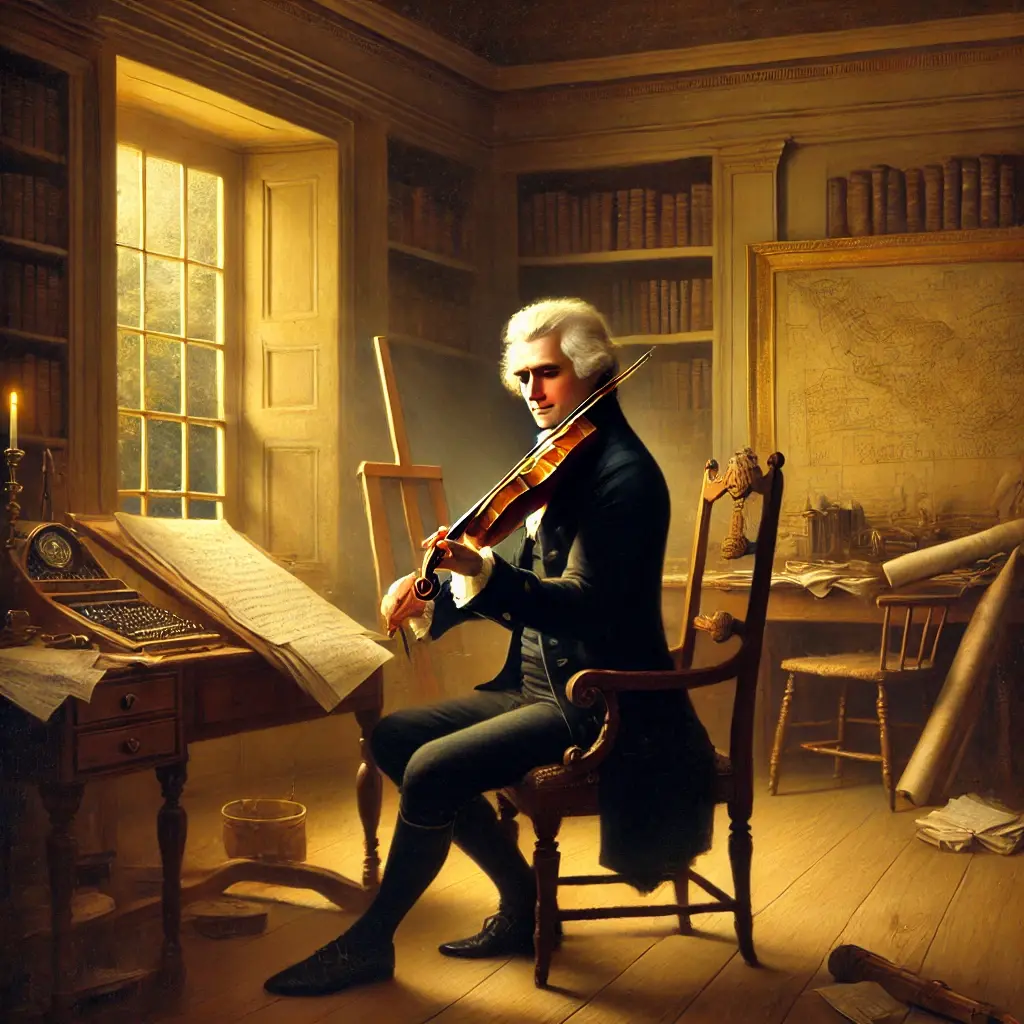 dall__e_2024-08-09_10.24.16_-_a_classical_oil_painting_depicting_thomas_jefferson_in_his_study_at_monticello__holding_a_violin_under_his_chin__playing_with_a_serene_expression._the