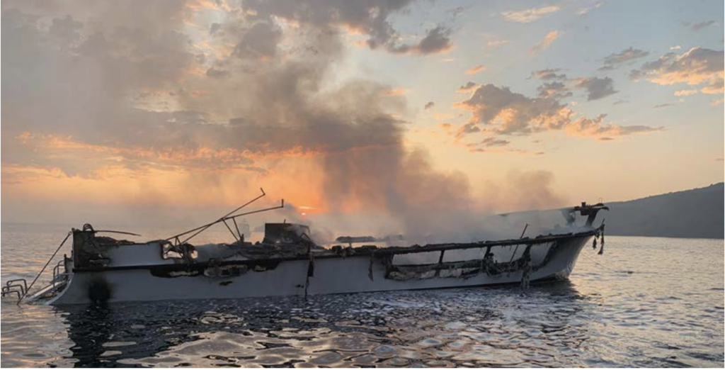 The smoking hulk of the dive boat Conception